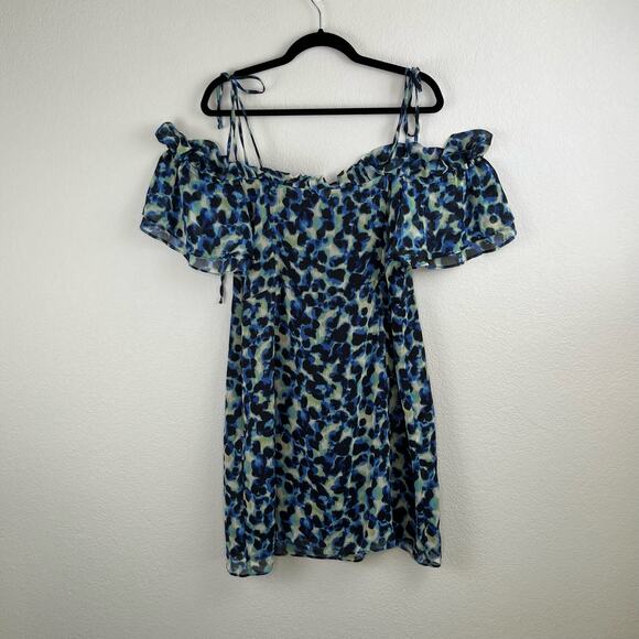 Topshop Frill Bardot Tie Off Shoulder Blue Leopard Animal Mini Dress 14 NWT - Picture 12 of 13